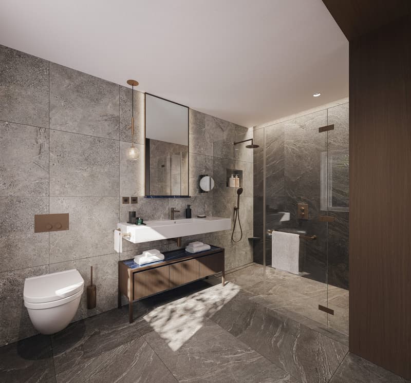 modern bathroom with marble tiled walls, undermount sink, floor mounted shower, toilet, towel rack, wooden console table with storage, built-in lighting