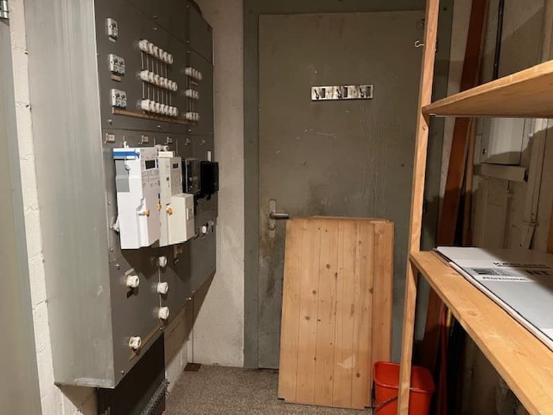 Utility room with electrical panel, door, wooden pallet, storage boxes, wooden shelves, radiator, storage bin