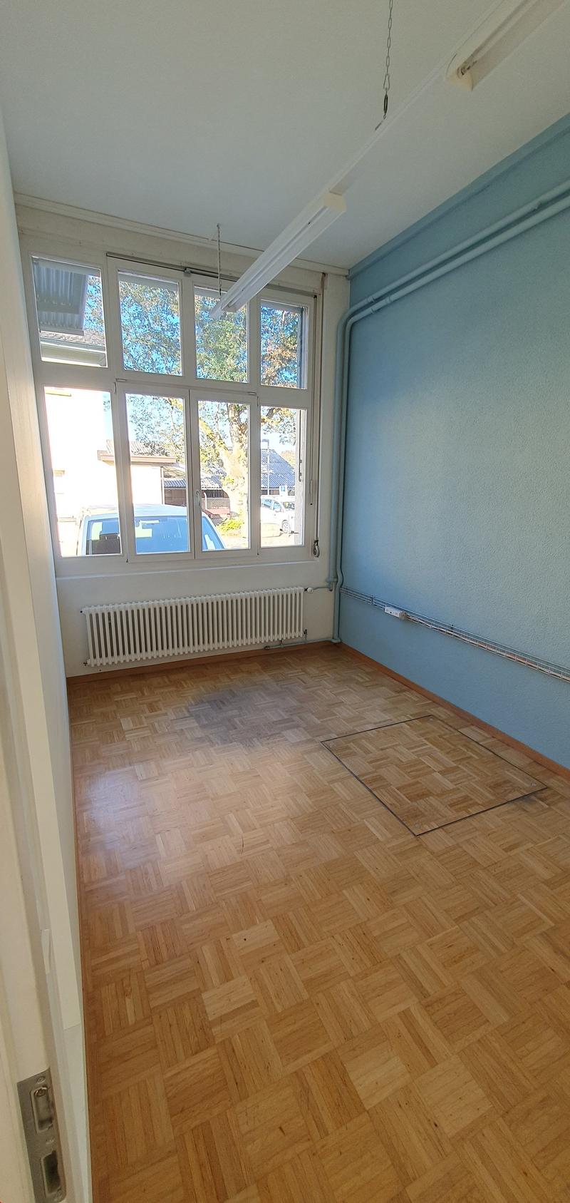 empty room, wooden floor, white radiator, large windows, blue walls