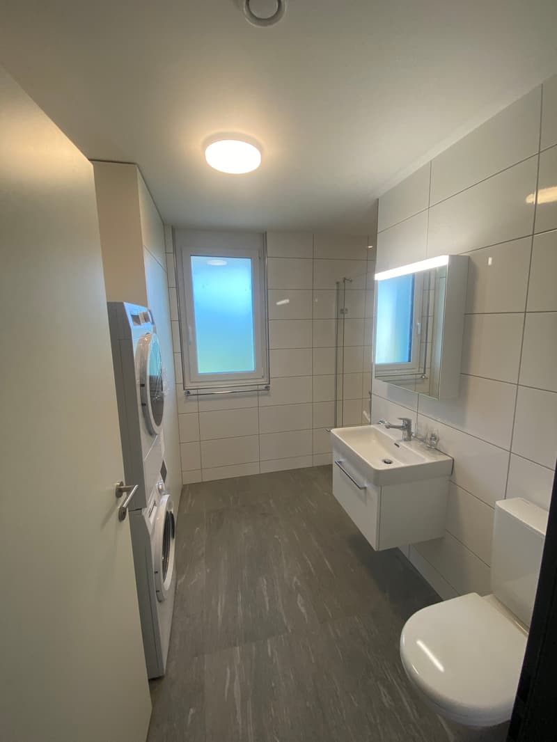 Spacious bathroom with tiled walls, a vanity sink, a toilet, and a washing machine. The room has a large window providing natural light.