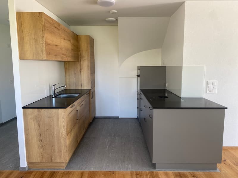 Modern kitchen with wooden cabinets, black countertops, built-in dishwasher, and gray tile flooring.