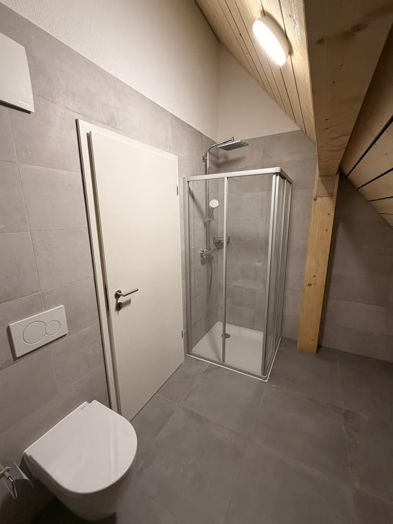 Bathroom with shower, toilet, grey tile walls and floor, wooden beams
