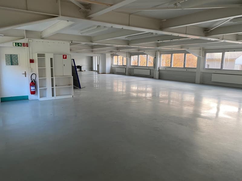 Wide open room, concrete floor, windows, fire extinguisher, shelving units, door, light fixtures