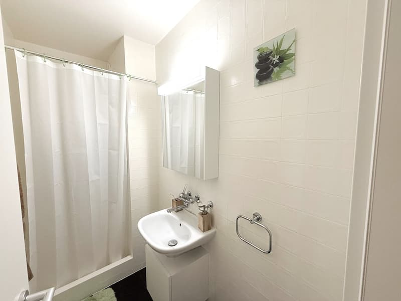 Bathroom with a shower, sink, mirror, and white tiles