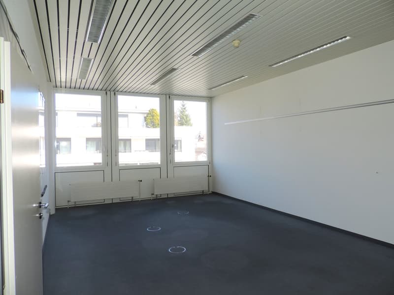 Empty room, white walls, fluorescent ceiling lights, large windows