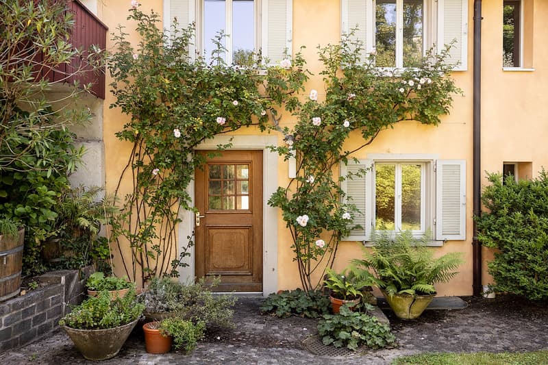 Vom Gartensitzplatz führt ein charmanter Eingangsbereich ins Haus.