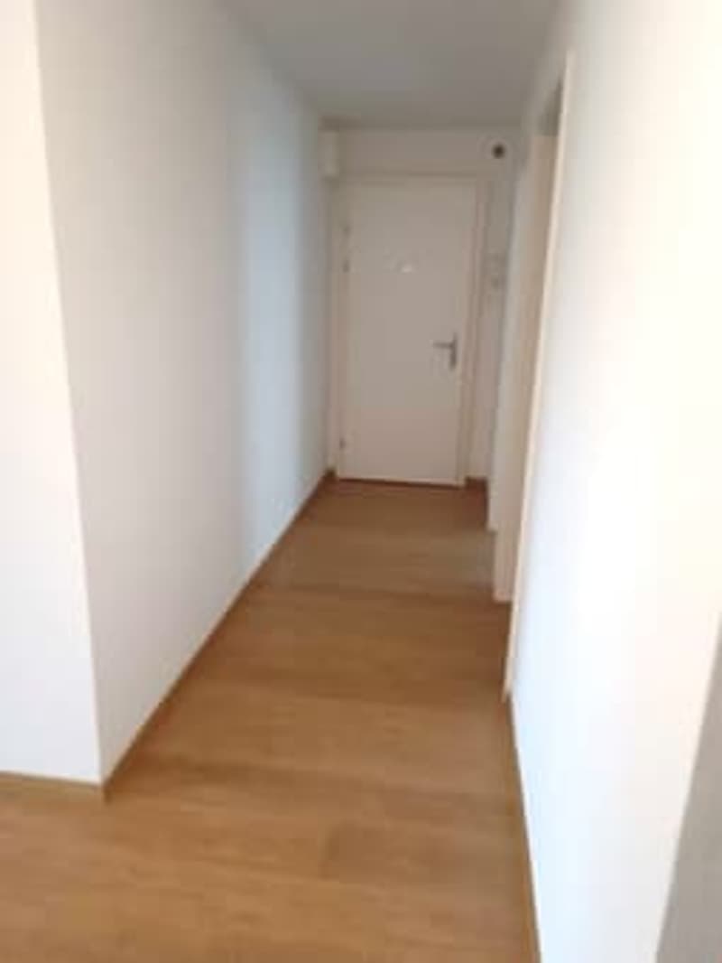 Empty hall with wooden floor, white walls and a door