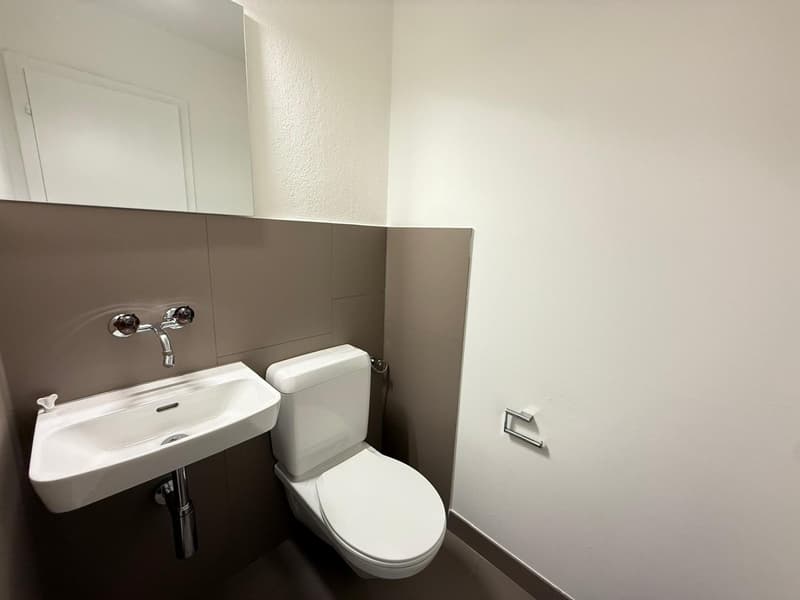 small bathroom with white sink, white toilet, mirror, white walls, grey tiles