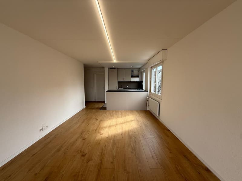 Empty room with wooden floors, white walls, kitchen with white cabinets, countertop, and sink, window with white frame, and a white radiator.