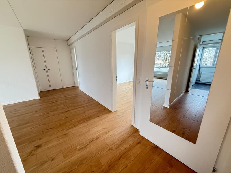 empty room, wooden floor, white walls, large mirror, open door, hallway