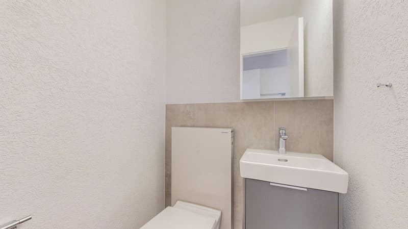 Bathroom with white walls, white sink, white toilet, white cabinet, silver faucet, mirror