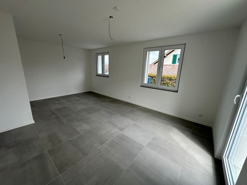 empty room, white walls, gray tiles, two windows, sliding door