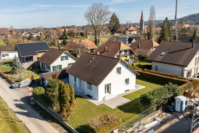 Aerial view of a neighborhood with several houses, some with solar panels, surrounded by greenery and a clear blue sky.