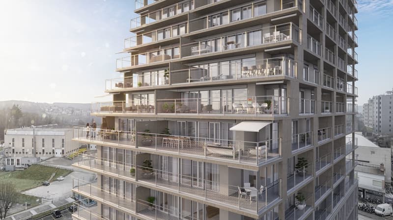 multi story building, balconies with tables and chairs, large windows, white awning