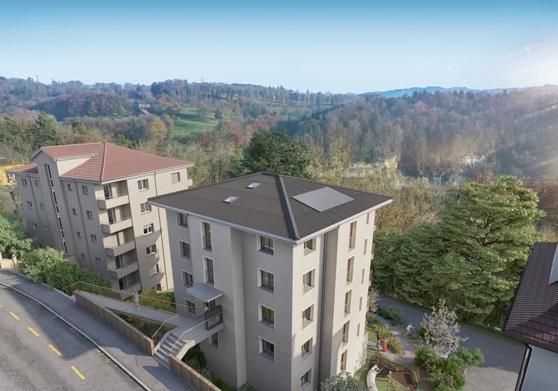 A modern apartment building with multiple floors, large windows, a small garden, solar panels on the roof, and a scenic view of the hills.