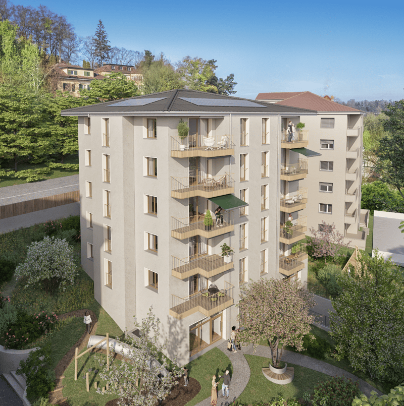 High-rise apartment building with multiple balconies, large solar panels on the roof, modern architecture with neutral colors, green landscaped garden and playground equipment visible
