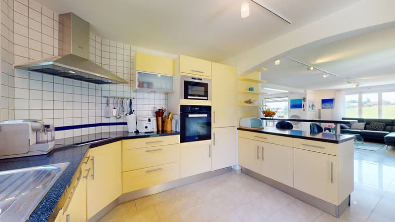 modern kitchen with yellow cabinets, stainless steel appliances, built-in oven, microwave, toaster, granite countertops, sink, dishwasher, and ample storage