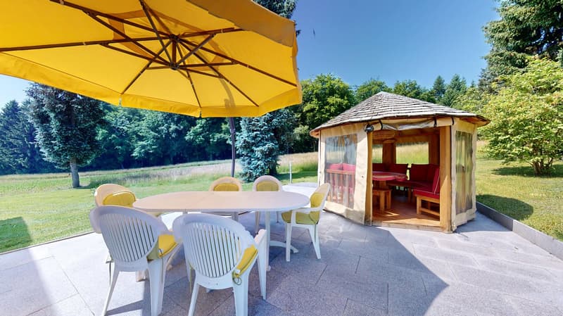Outdoor dining set, gazebo, grassy field, trees, and bushes in the background