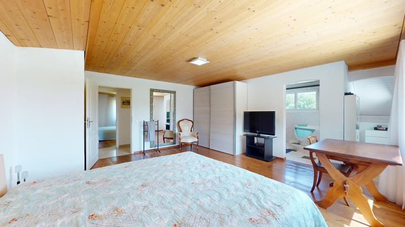 Bedroom with wooden flooring, white walls, wooden desk, armchair, TV, mirrors, wooden ceiling.