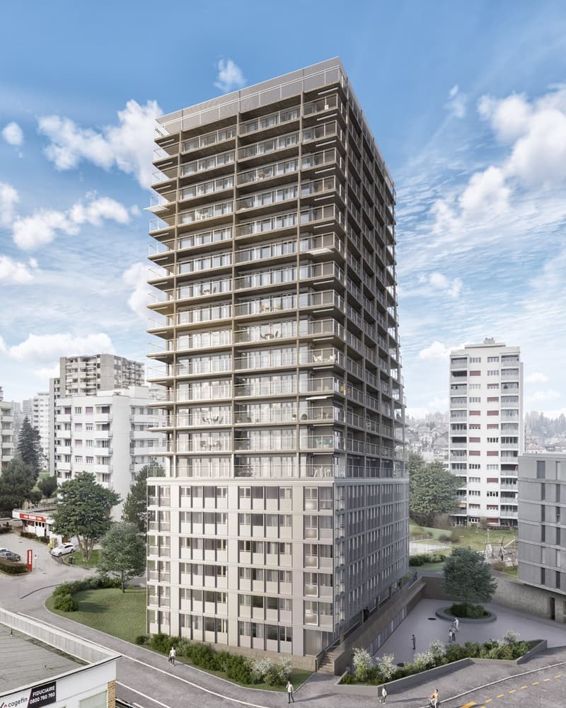 High-rise apartment building, modern architecture, numerous balconies, surrounded by greenery