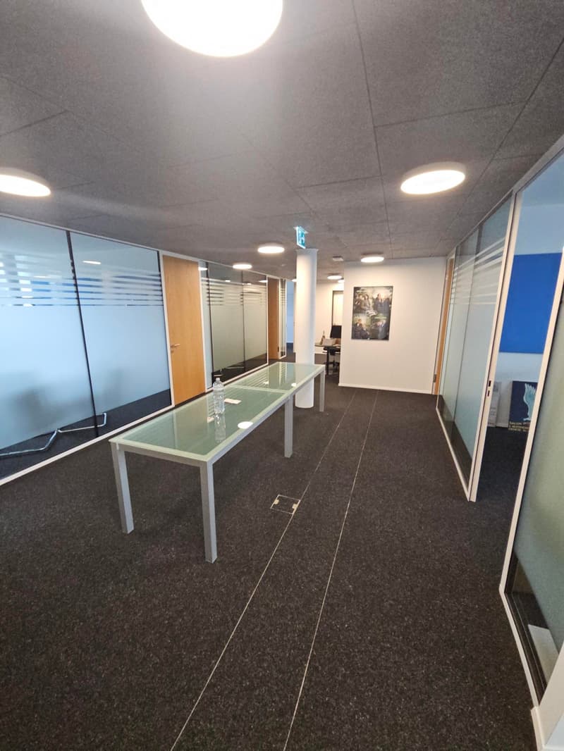 large open office space with glass partitions, a large table, suspended ceiling, grey floor tiles