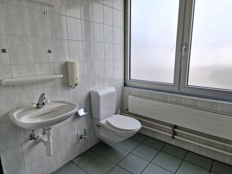 small bathroom, white tile walls, white sink, white toilet, radiator, window