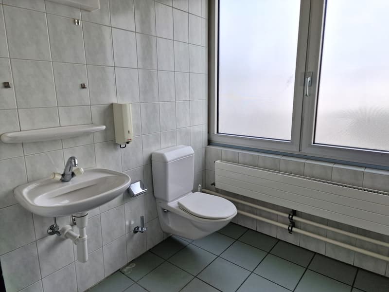 small bathroom, white tile walls, white sink, white toilet, radiator, window