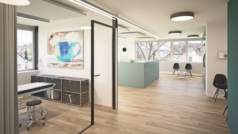 The interior features an open reception area with a glass door, a reception desk, chairs, a counter, an examination bed, a cabinet, a skeleton model, a radiator, a clock, a painting, a window, and lamps on the ceiling.