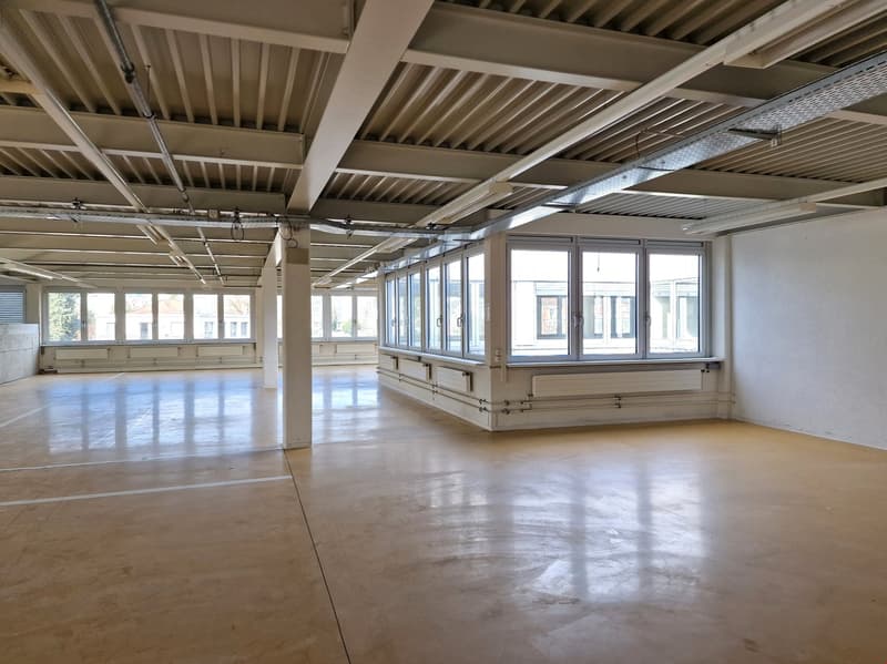 Industrial interior, metal roof beams, white walls, large windows, concrete flooring, central support column