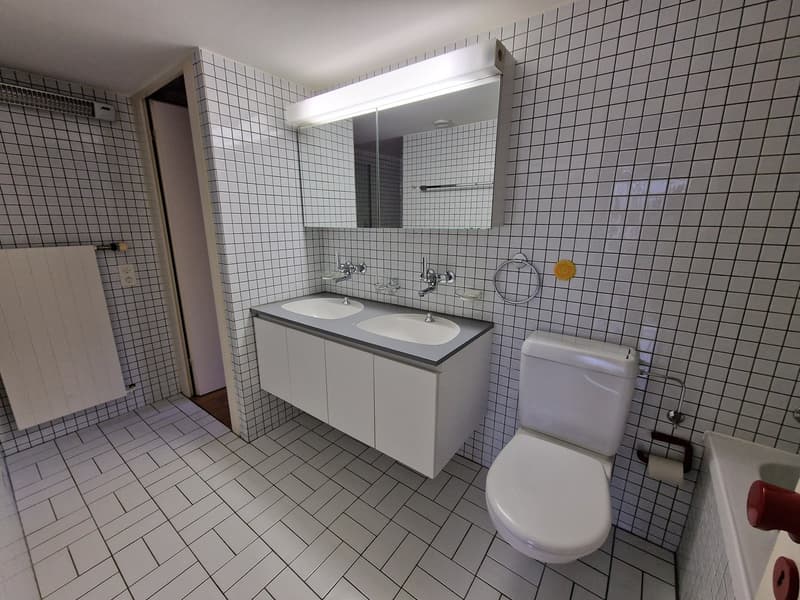 Tiled bathroom with double vanity sink, toilet, and storage cabinet. Bright lighting and white tile walls and floors.