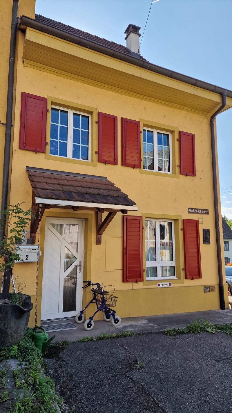 2 story, yellow exterior, red shutters, brown roof, white door, mailbox on wall, potted plant with green watering can, wheelchair near door, sidewalk, street light in distance