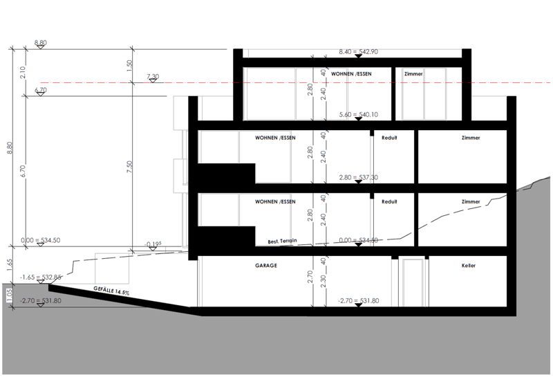 The image shows a floor plan of a residential property. It consists of a living/dining room, three bedrooms, a bathroom, a garage, and a cellar. The dimensions of the rooms and spaces are provided in the plan.