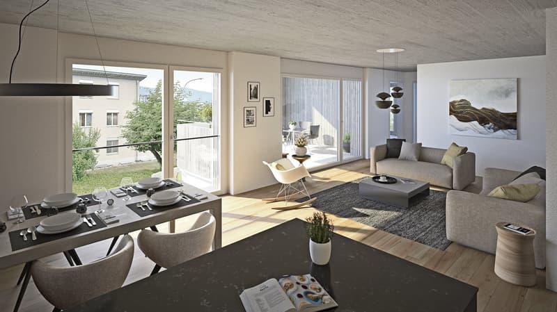 Open floor plan with dining and living area, large windows, sliding doors, wooden floors, modern furnishings