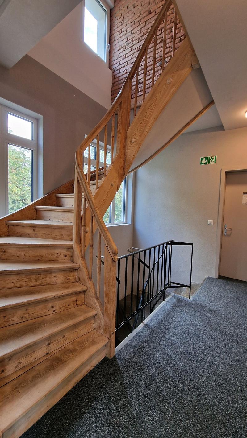 wooden staircase, brick wall, carpeted hallway, window