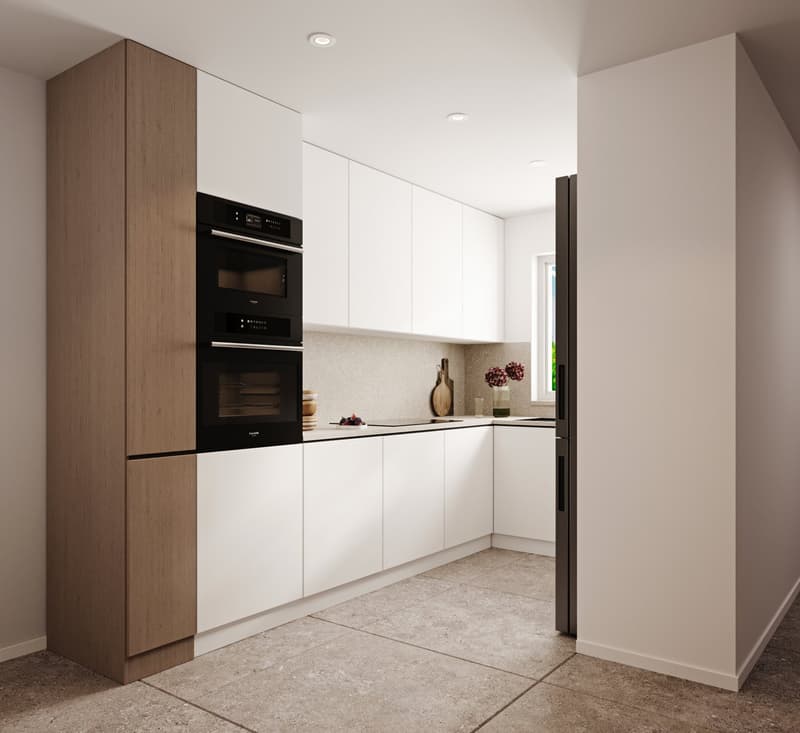 Modern kitchen with white cabinets, wood-tone cabinets, black appliances including a built-in oven and dishwasher, and tile flooring.
