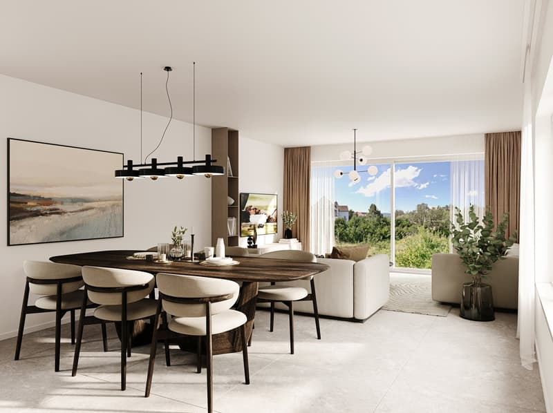 Spacious open-plan living and dining area with large windows offering a scenic view of the surrounding landscape. The dining table is made of dark wood and surrounded by comfortable upholstered chairs. The living room features a sofa and a modern chandeli