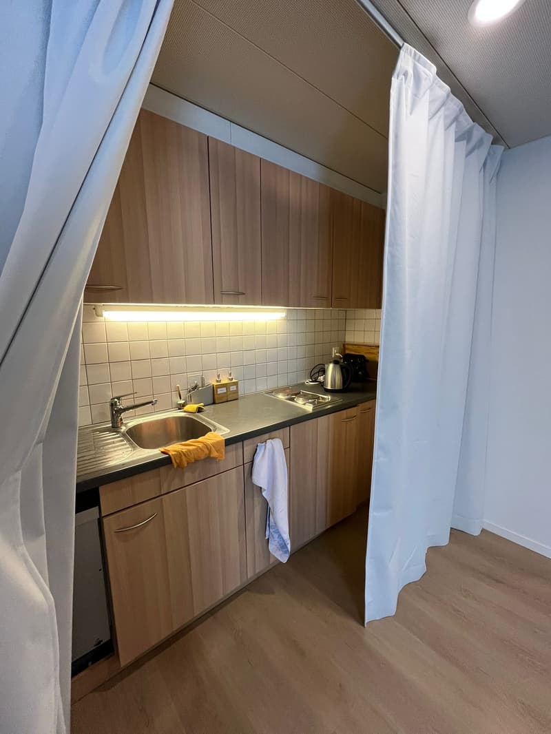 modern kitchen with wooden cabinets, stainless steel sink, gas stove, dishwasher, white tiled walls, white curtains