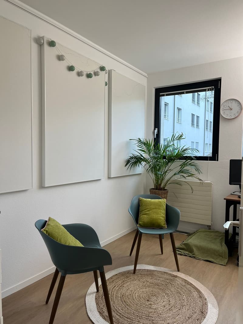 small room with two chairs, round rug, plant, white walls, large window, clock, whiteboards