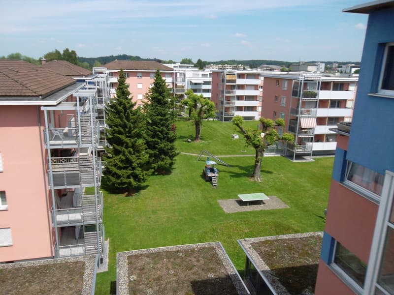 Übersicht gesamte Wohnanlage mit Grünfläche und Spielplatz