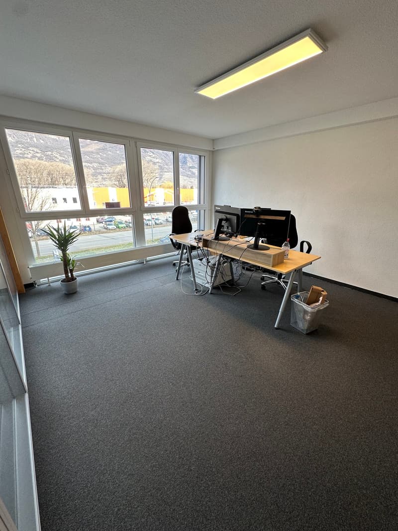 Spacious office space with large windows providing a view, a desk with a computer setup, and a plant in the corner.