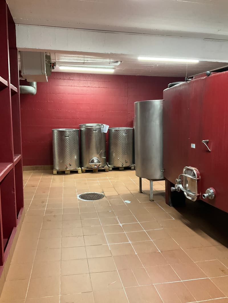 industrial room with stainless steel tanks, red walls, tiled floor, and a drain
