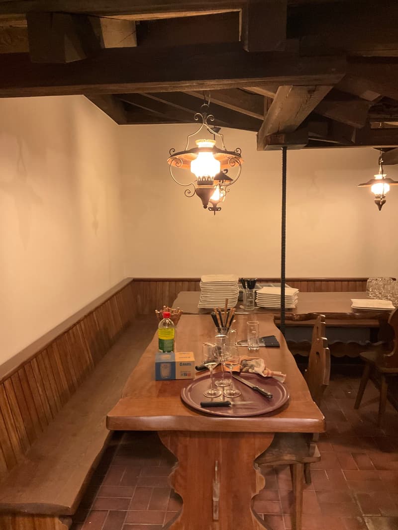 a wooden table, bottles, glasses, cups, plates, chairs, bench, lamp, ceiling