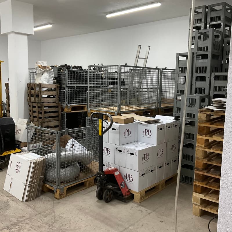 warehouse with many boxes and crates, forklift, pallet