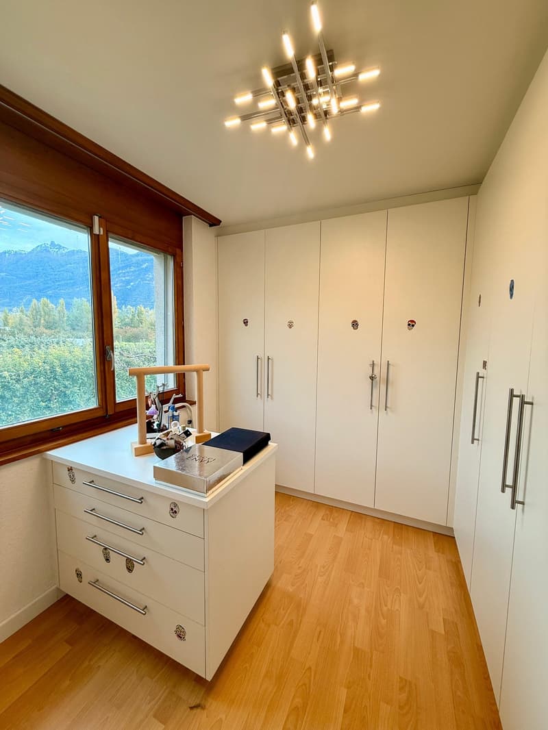 Wooden floor, white wardrobes, large window with mountain view, modern cabinet with drawers, decorative items