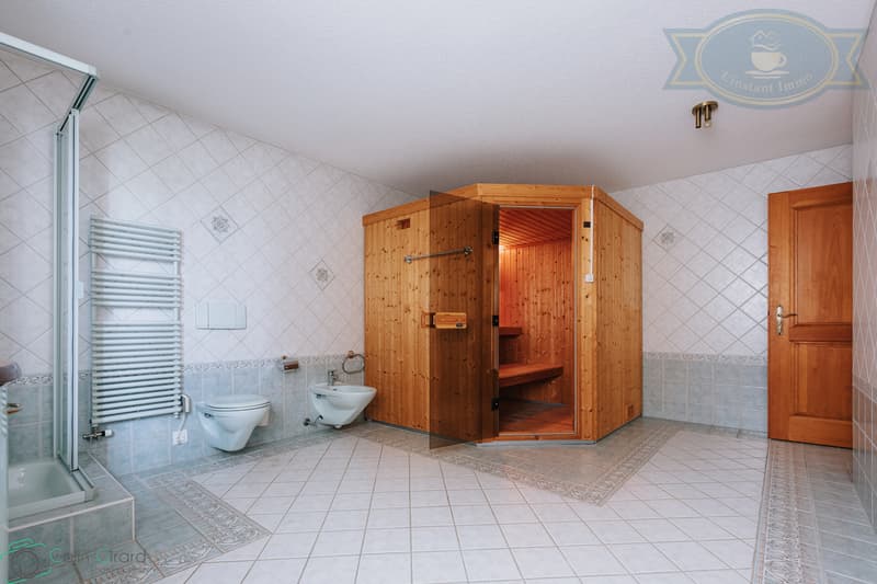 Salle d'eau avec sauna. / Badezimmer mit Sauna. / Shower room with sauna. / Bagno con doccia e sauna.