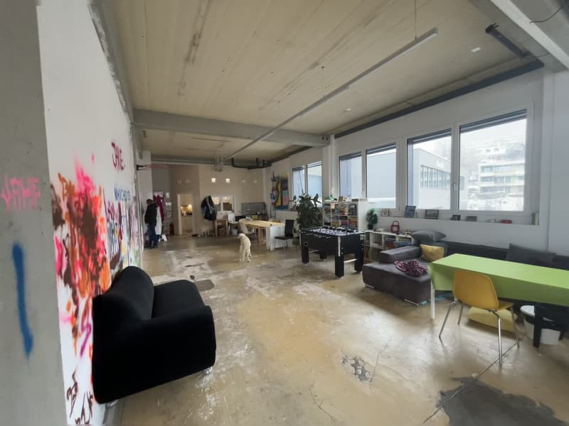 large room with graffiti, various furniture and a dog