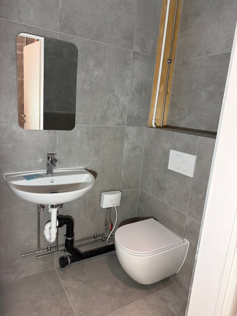 small bathroom with sink, toilet, mirror, and tiled walls