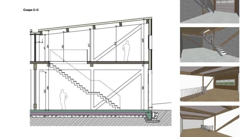 Coupe C-C: architectural drawing, stairs, dimensions, cross-section, interior view, exterior view