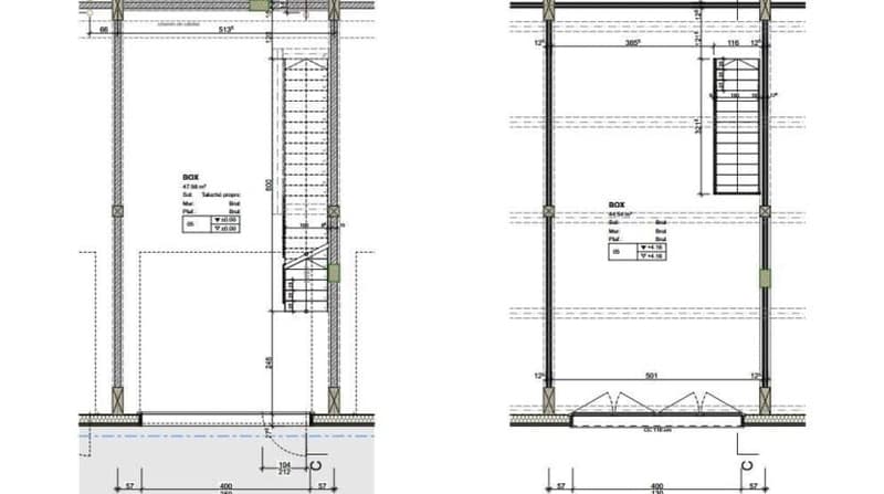 Floor plan with dimensions and structural details, including stairs and boxes
