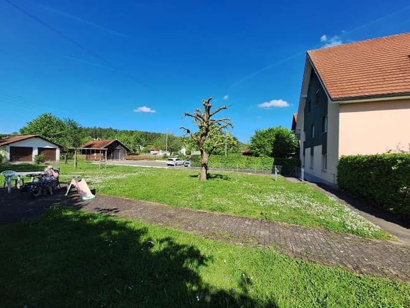 Green lawn, pathway, green bushes, two houses, car in the distance